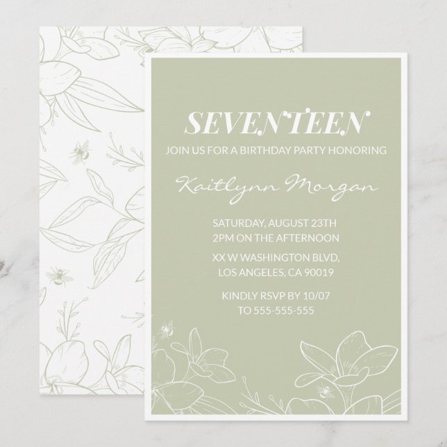 Invitaciones elegantes de cumpleaños número 17 Flo (Anverso / Reverso)