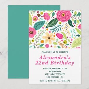 Invitaciones elegantes de cumpleaños número 22 Flo