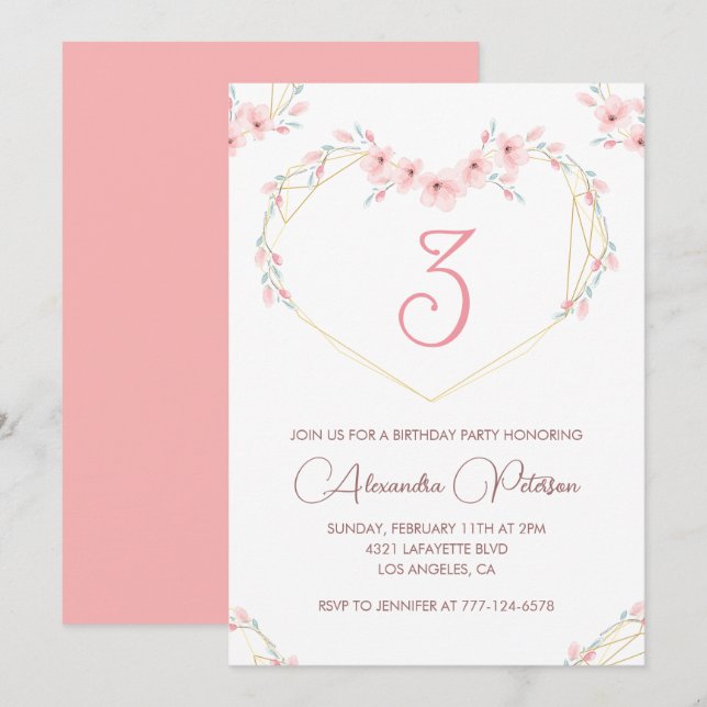 Invitaciones elegantes de cumpleaños número 3 Flor (Anverso / Reverso)