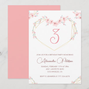 Invitaciones elegantes de cumpleaños número 3 Flor