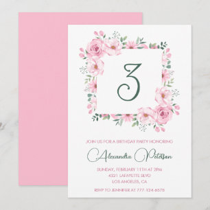 Invitaciones elegantes de cumpleaños número 3 Flor