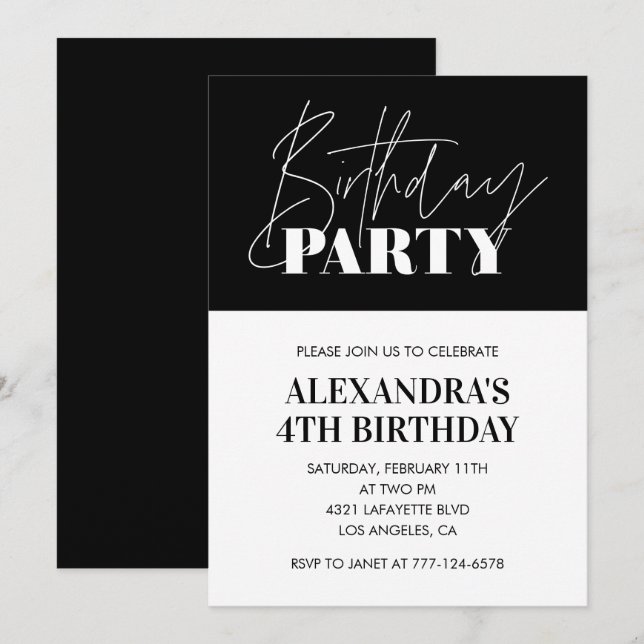 Invitaciones elegantes de cumpleaños número 4 Fies (Anverso / Reverso)