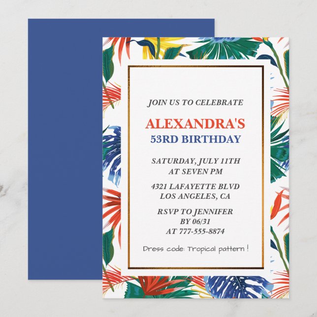 Invitaciones elegantes de cumpleaños número 53 Flo (Anverso / Reverso)