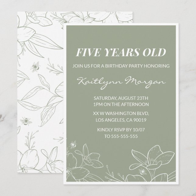 Invitaciones elegantes de cumpleaños número 5 Flor (Anverso / Reverso)