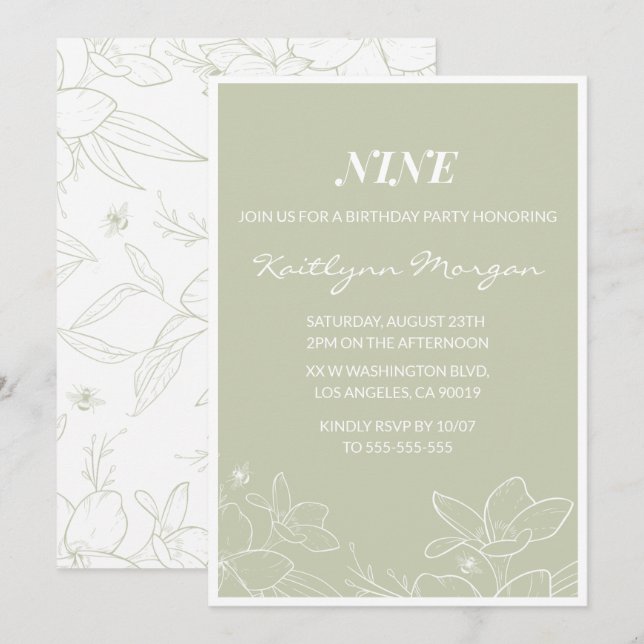 Invitaciones elegantes de cumpleaños número 9 Flor (Anverso / Reverso)