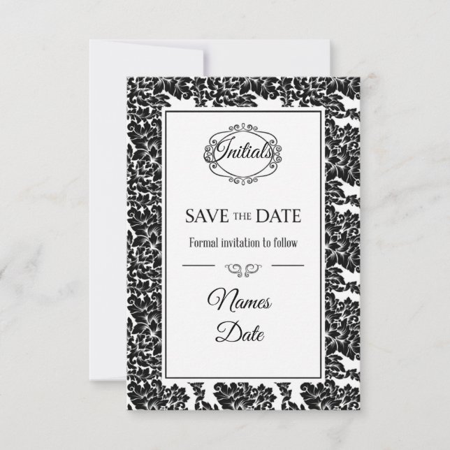 Invitaciones Elegantes de Damasco en Blanco y Negr (Anverso)