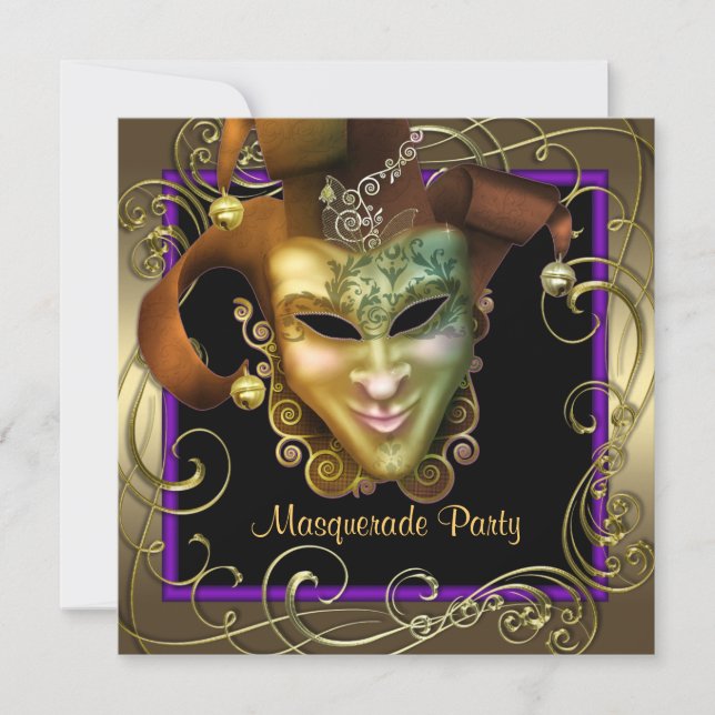 Invitaciones elegantes de fiesta de máscara de oro (Anverso)