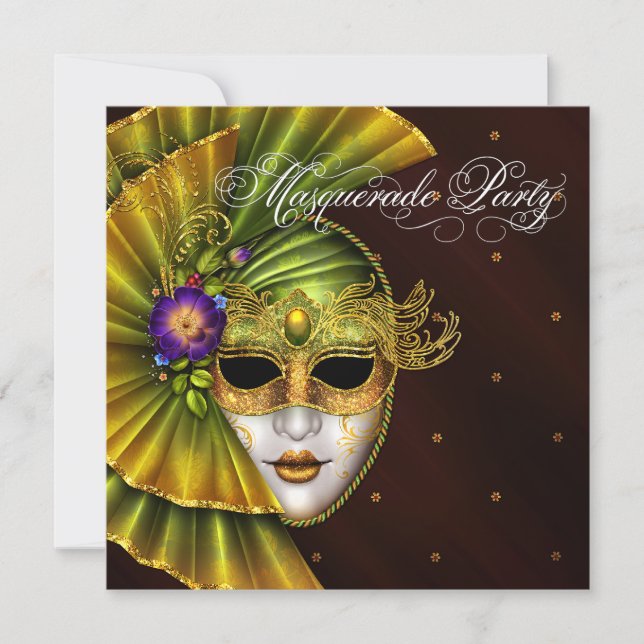 Invitaciones elegantes de fiesta de máscara de oro (Anverso)