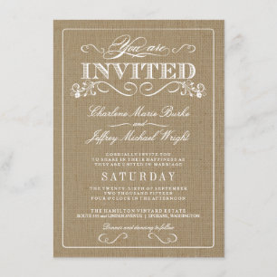 Invitaciones elegantes de la boda de la arpillera