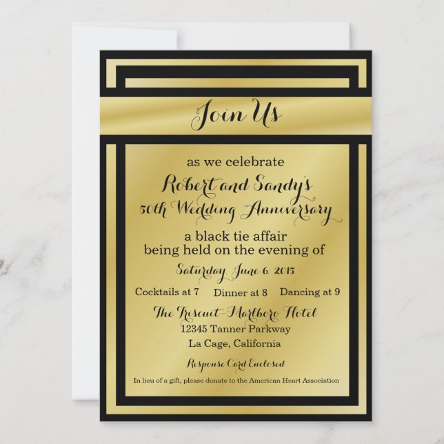 Invitaciones elegantes de negro y dorado para 50º  (Anverso)