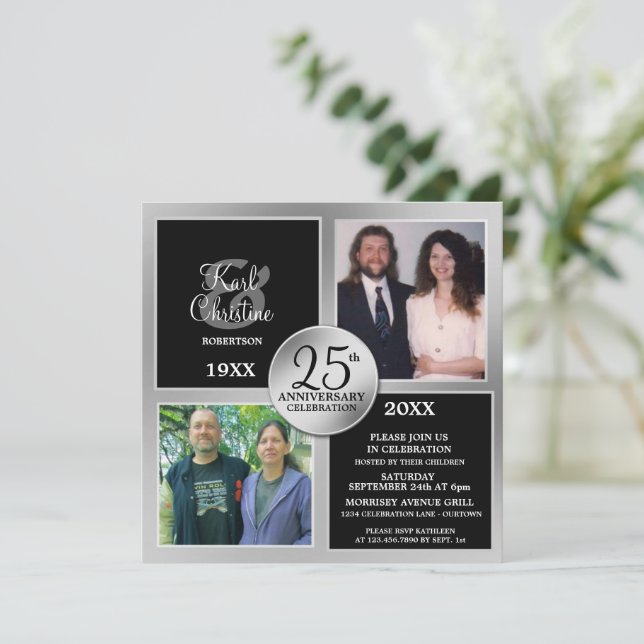 Invitaciones elegantes de plata para el 25º aniver (Anverso de pie)