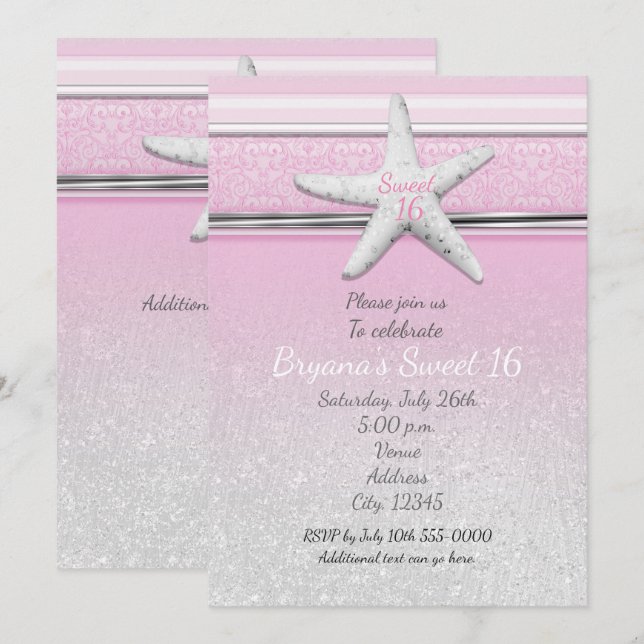 Invitaciones Elegantes de Playa Rosa para Sweet 16 (Anverso / Reverso)