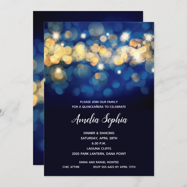 Invitaciones Elegantes de Quinceañera de Azul Mari (Anverso / Reverso)