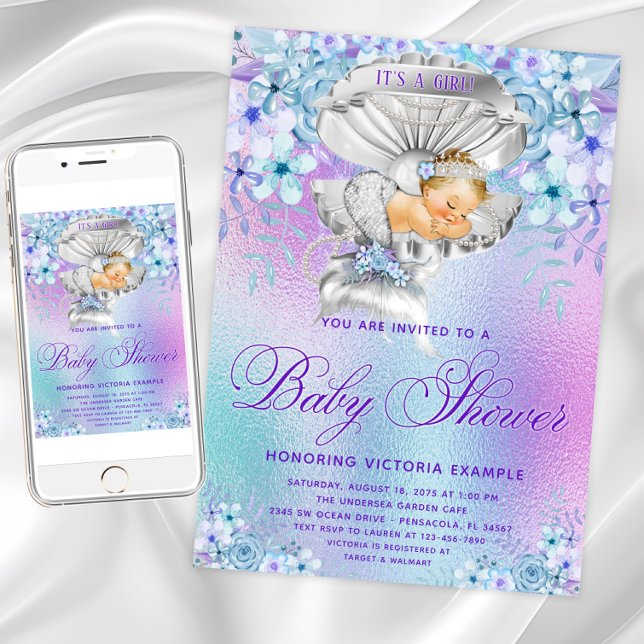 Invitaciones elegantes de sirena pastel para baby  (Purple teal mermaid baby shower invitation. Instant download and printed invitations available.)