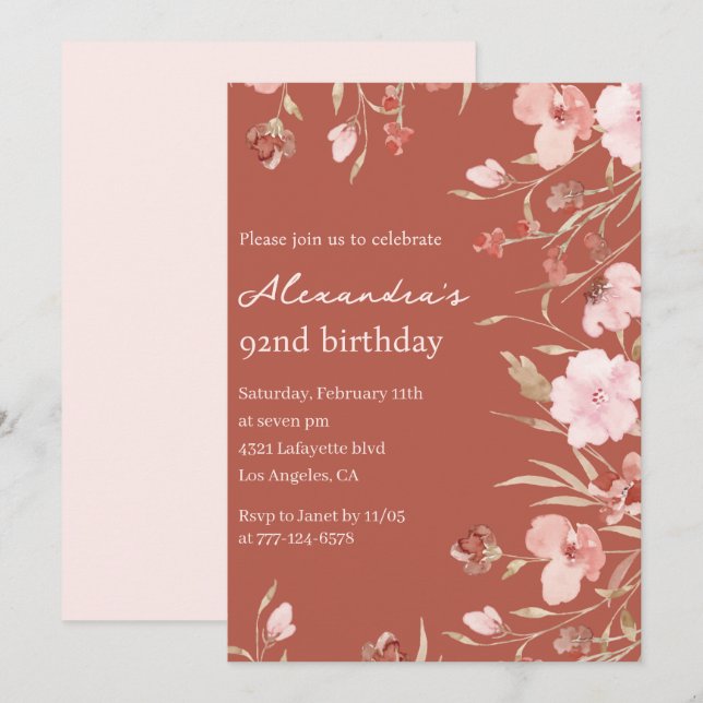 Invitaciones elegantes florales boho para 92 cumpl (Anverso / Reverso)