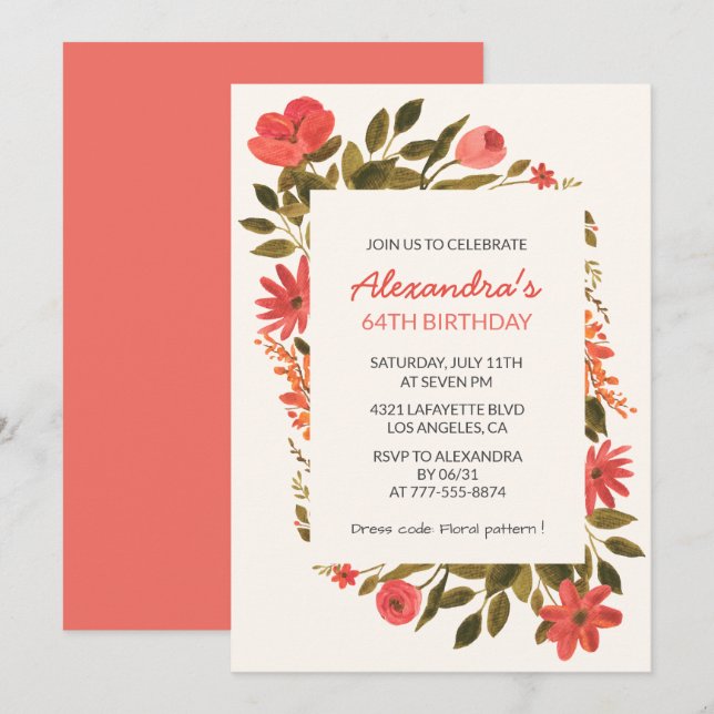 Invitaciones elegantes florales para 64 cumpleaños (Anverso / Reverso)