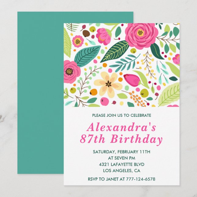 Invitaciones elegantes florales para 87 cumpleaños (Anverso / Reverso)