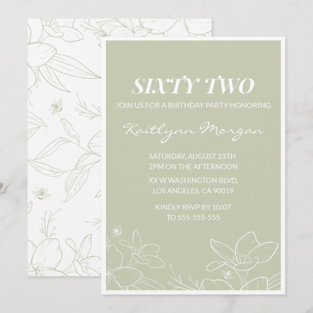 Invitaciones elegantes florales verdes para cumple (Anverso / Reverso)