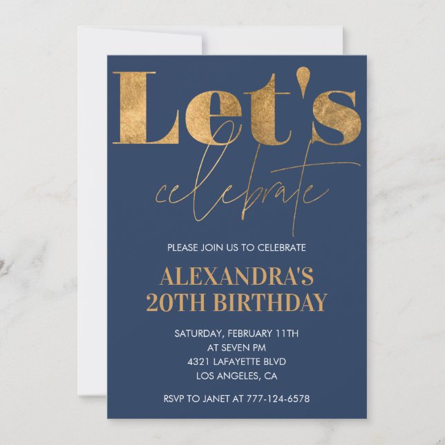 Invitaciones elegantes para 20 cumpleaños Navy Gol (Anverso)