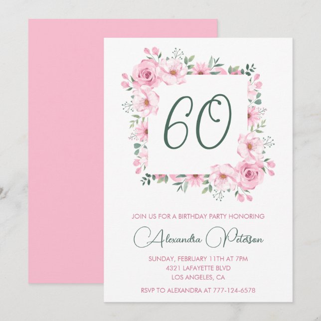 Invitaciones elegantes para 60 cumpleaños Floral R (Anverso / Reverso)
