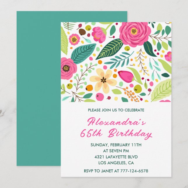 Invitaciones elegantes para 65 cumpleaños Floral C (Anverso / Reverso)