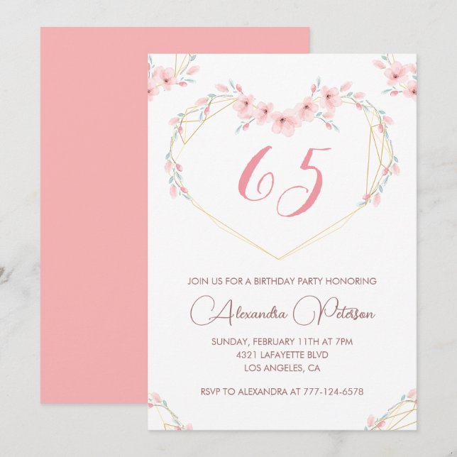 Invitaciones elegantes para 65 cumpleaños Floral R (Anverso / Reverso)