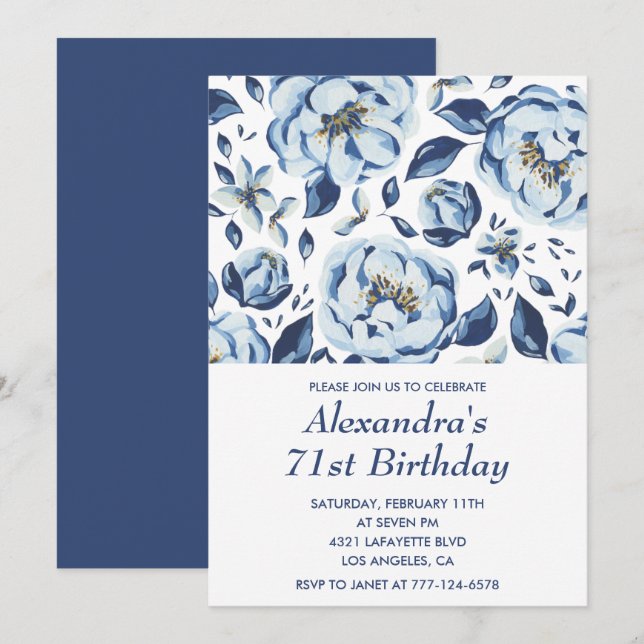 Invitaciones elegantes para 71 cumpleaños Floral V (Anverso / Reverso)