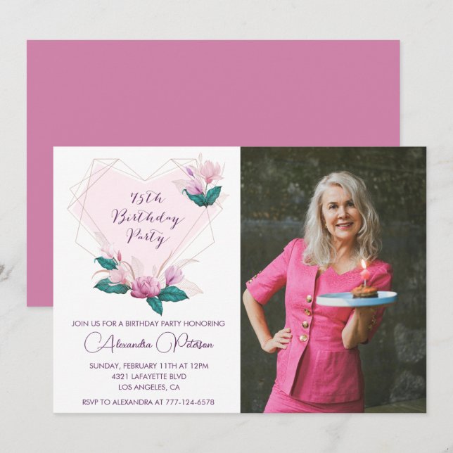 Invitaciones elegantes para 75 cumpleaños Floral F (Anverso / Reverso)