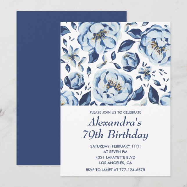 Invitaciones elegantes para 79 cumpleaños Floral V (Anverso / Reverso)