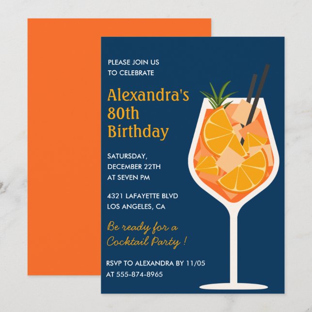 Invitaciones elegantes para 80 cumpleaños Cocktail (Anverso / Reverso)