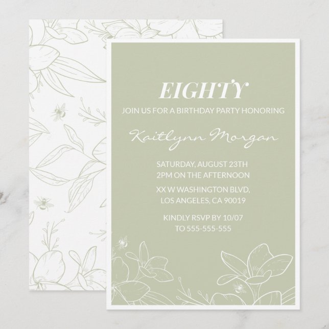 Invitaciones elegantes para 80 cumpleaños Floral m (Anverso / Reverso)