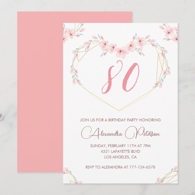 Invitaciones elegantes para 80 cumpleaños Floral R (Anverso / Reverso)