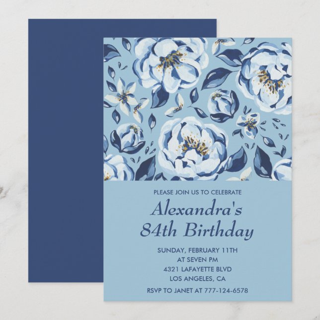Invitaciones elegantes para 84 cumpleaños Floral A (Anverso / Reverso)