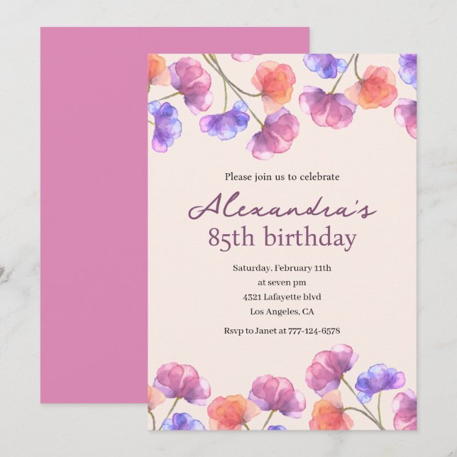 Invitaciones elegantes para 85 cumpleaños Boho Flo (Anverso / Reverso)