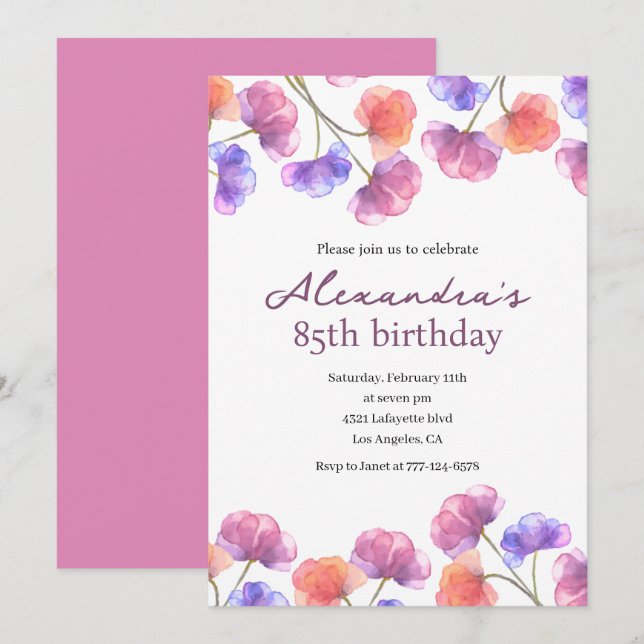 Invitaciones elegantes para 85 cumpleaños Floral C (Anverso / Reverso)