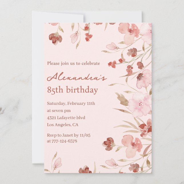 Invitaciones elegantes para 85 cumpleaños Floral C (Anverso)