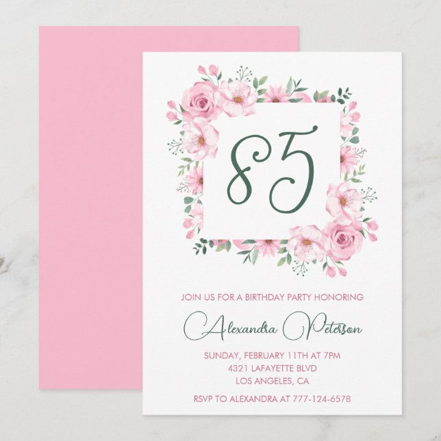 Invitaciones elegantes para 85 cumpleaños Floral R (Anverso / Reverso)