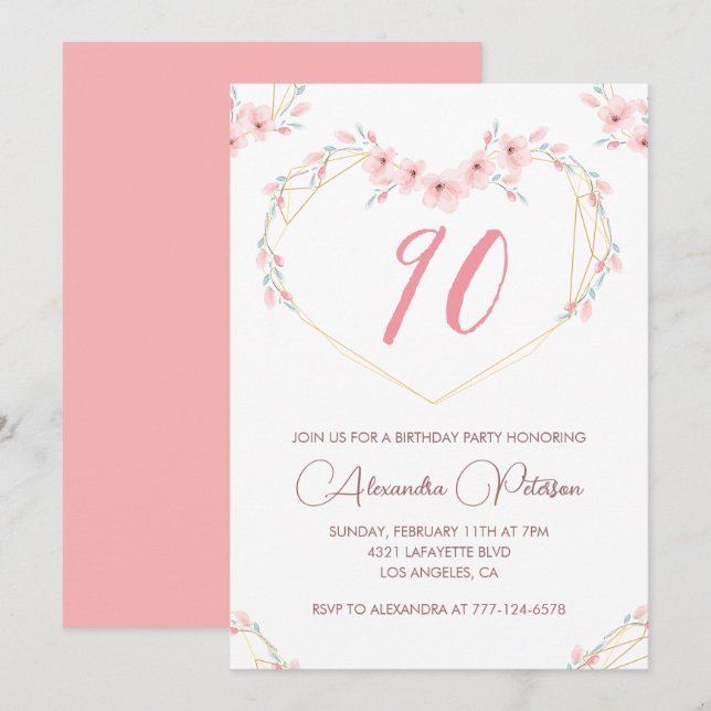 Invitaciones elegantes para 90 cumpleaños Floral R (Anverso / Reverso)