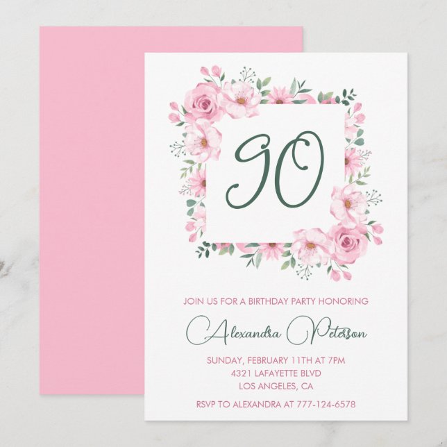 Invitaciones elegantes para 90 cumpleaños Floral R (Anverso / Reverso)