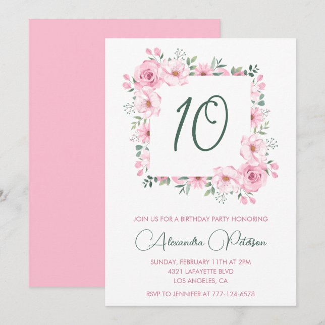 Invitaciones elegantes para cumpleaños 10 Floral R (Anverso / Reverso)
