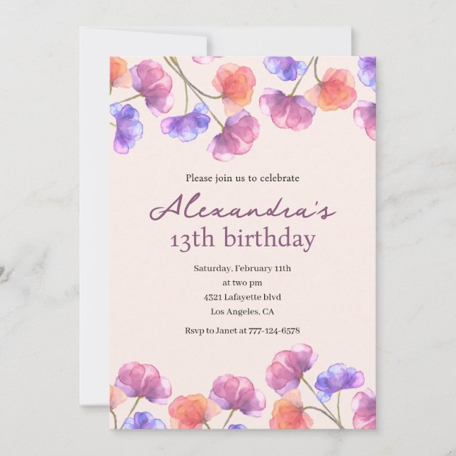Invitaciones elegantes para cumpleaños 13 Boho Flo (Anverso)