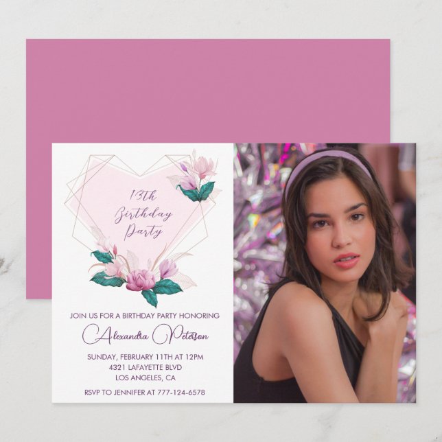 Invitaciones elegantes para cumpleaños 13 Floral F (Anverso / Reverso)