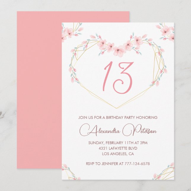 Invitaciones elegantes para cumpleaños 13 Floral R (Anverso / Reverso)
