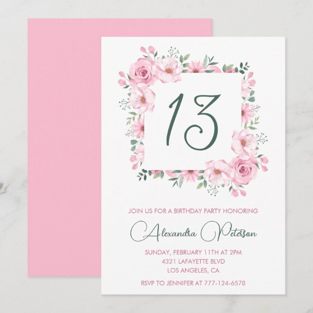 Invitaciones elegantes para cumpleaños 13 Floral R (Anverso / Reverso)