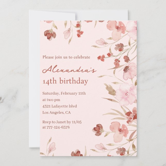 Invitaciones elegantes para cumpleaños 14 Floral C (Anverso)
