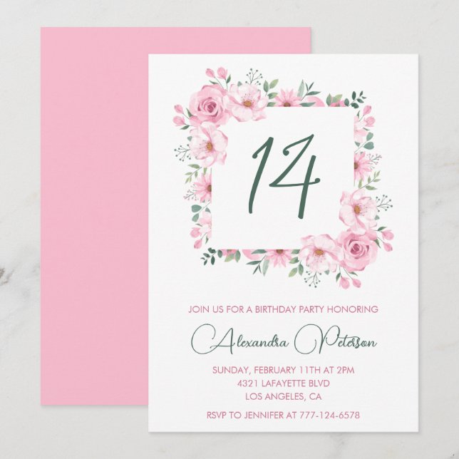 Invitaciones elegantes para cumpleaños 14 Floral R (Anverso / Reverso)