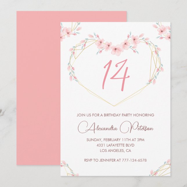 Invitaciones elegantes para cumpleaños 14 Floral r (Anverso / Reverso)