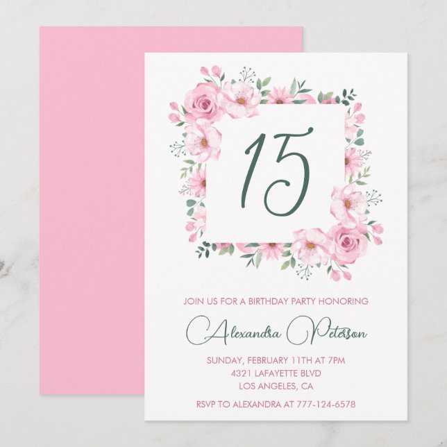 Invitaciones elegantes para cumpleaños 15 Floral R (Anverso / Reverso)