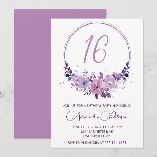 Invitaciones elegantes para cumpleaños 16 Floral P (Anverso / Reverso)