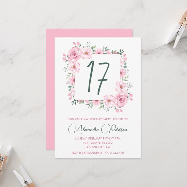Invitaciones elegantes para cumpleaños 17 Floral R (Anverso/Reverso In Situ)